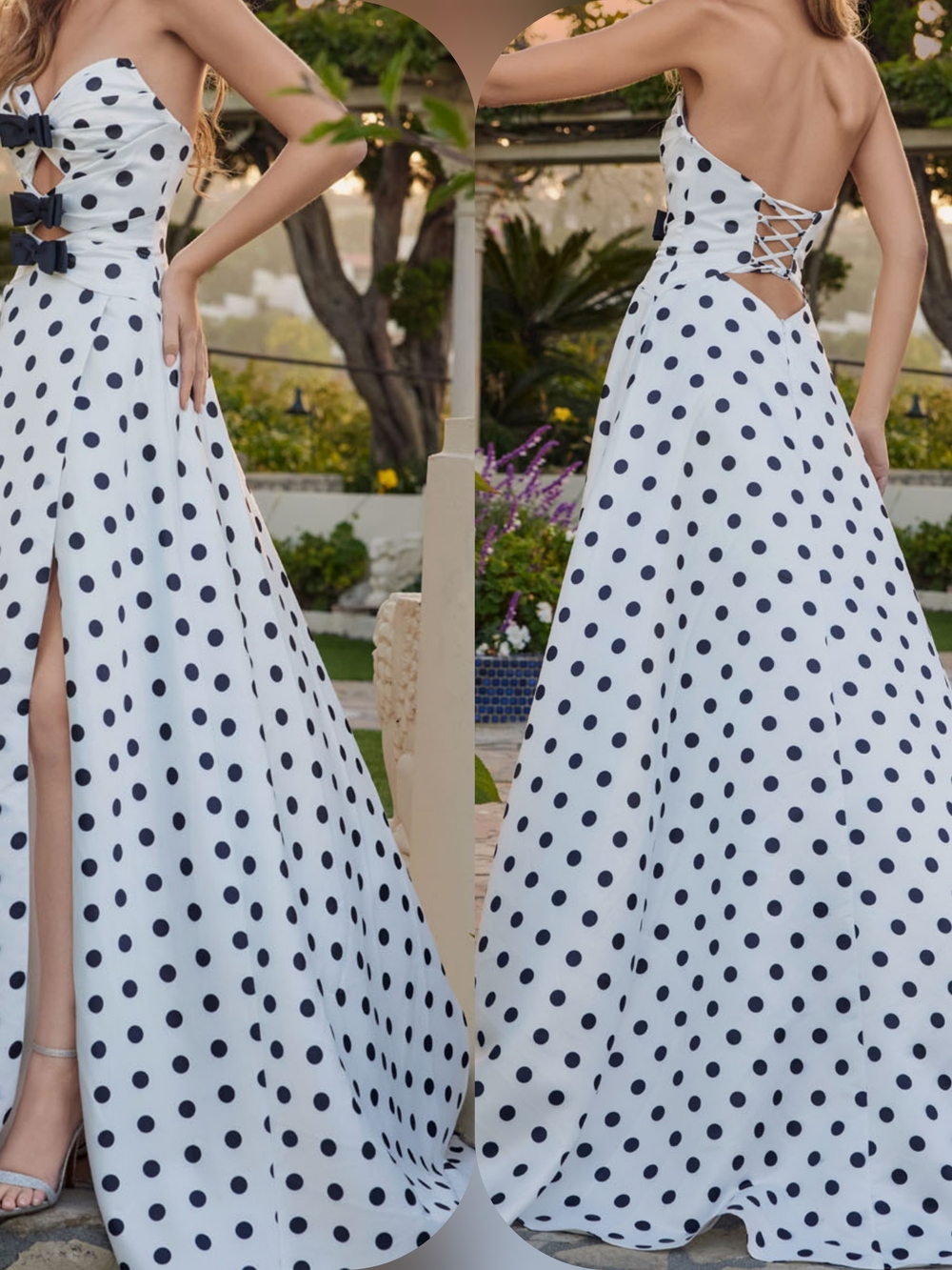 Backless Polka Dot Strapless Maxi Dress - White & Black